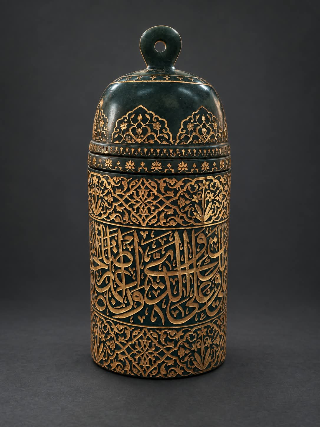 Rare islamic mughal handengraved kai green jade container